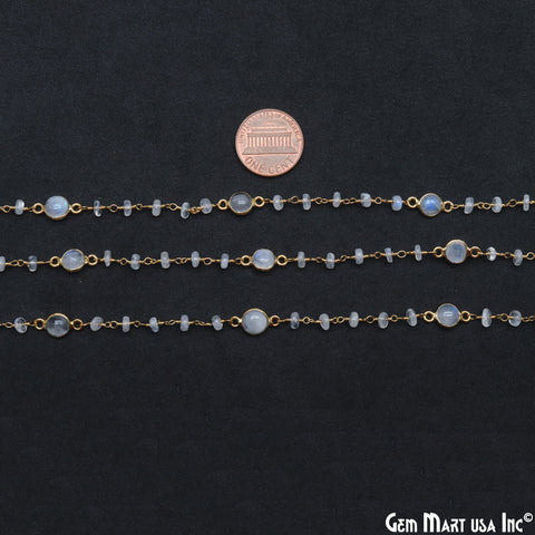 Rainbow Moonstone Cabochon Gold Plated Beads Rosary Chain