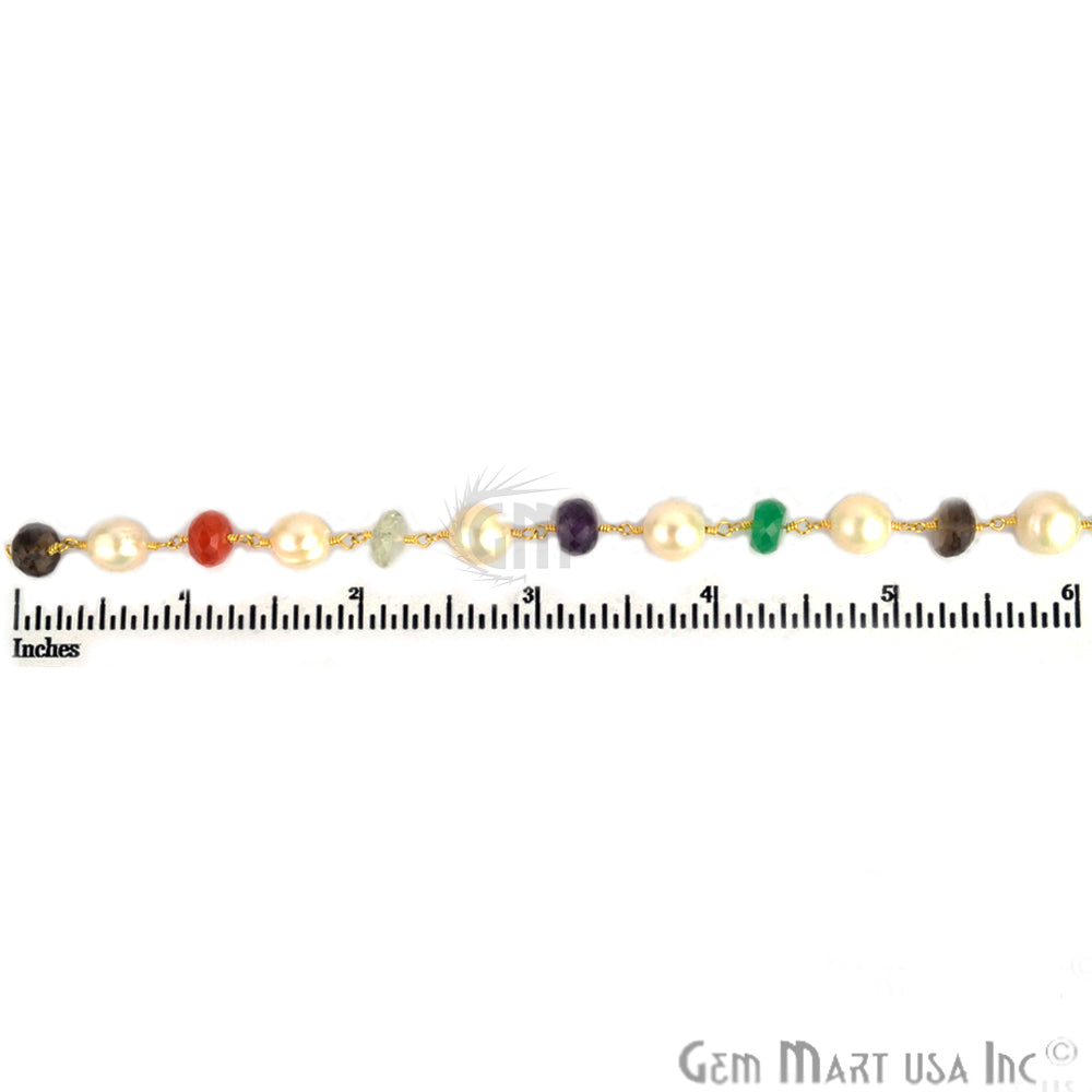 Multi Stone 7-9mm Rondelle Beads Gold Plated Wire Wrapped Rosary Chain - GemMartUSA (764061712431)