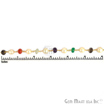 Multi Stone 7-9mm Rondelle Beads Gold Plated Wire Wrapped Rosary Chain - GemMartUSA (764061712431)