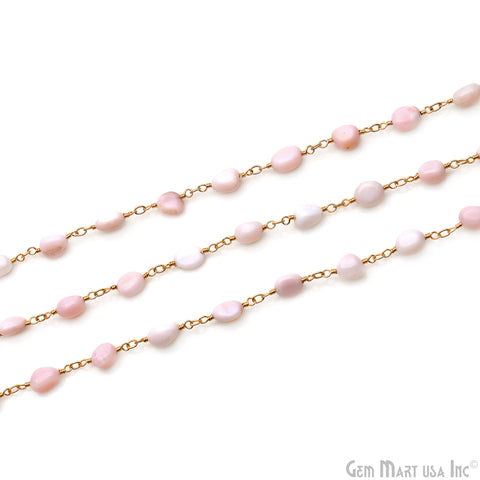 Pink Opal Tumble Beads 8x5mm Gold Wire Wrapped Rosary Chain