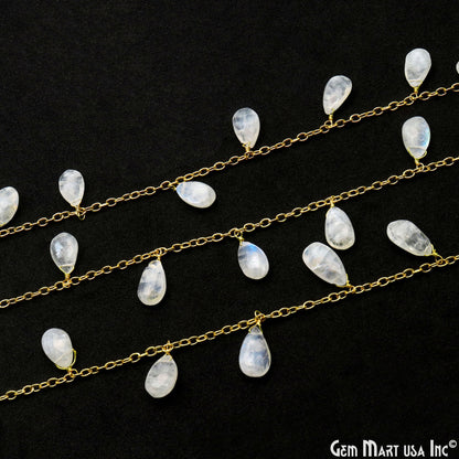 Rainbow Moonstone 7x14mm Pears Dangle Beads Gold Plated Cluster Rosary Chain