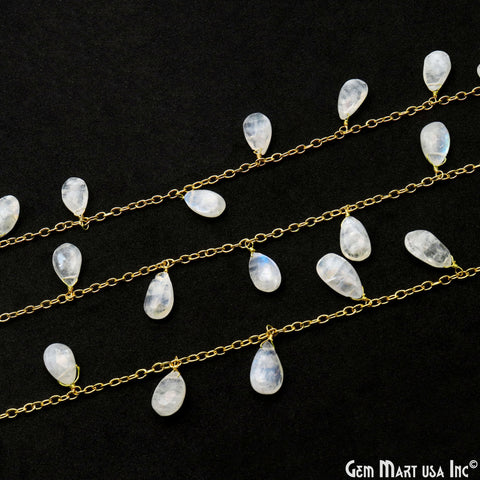 Rainbow Moonstone 7x14mm Pears Dangle Beads Gold Plated Cluster Rosary Chain