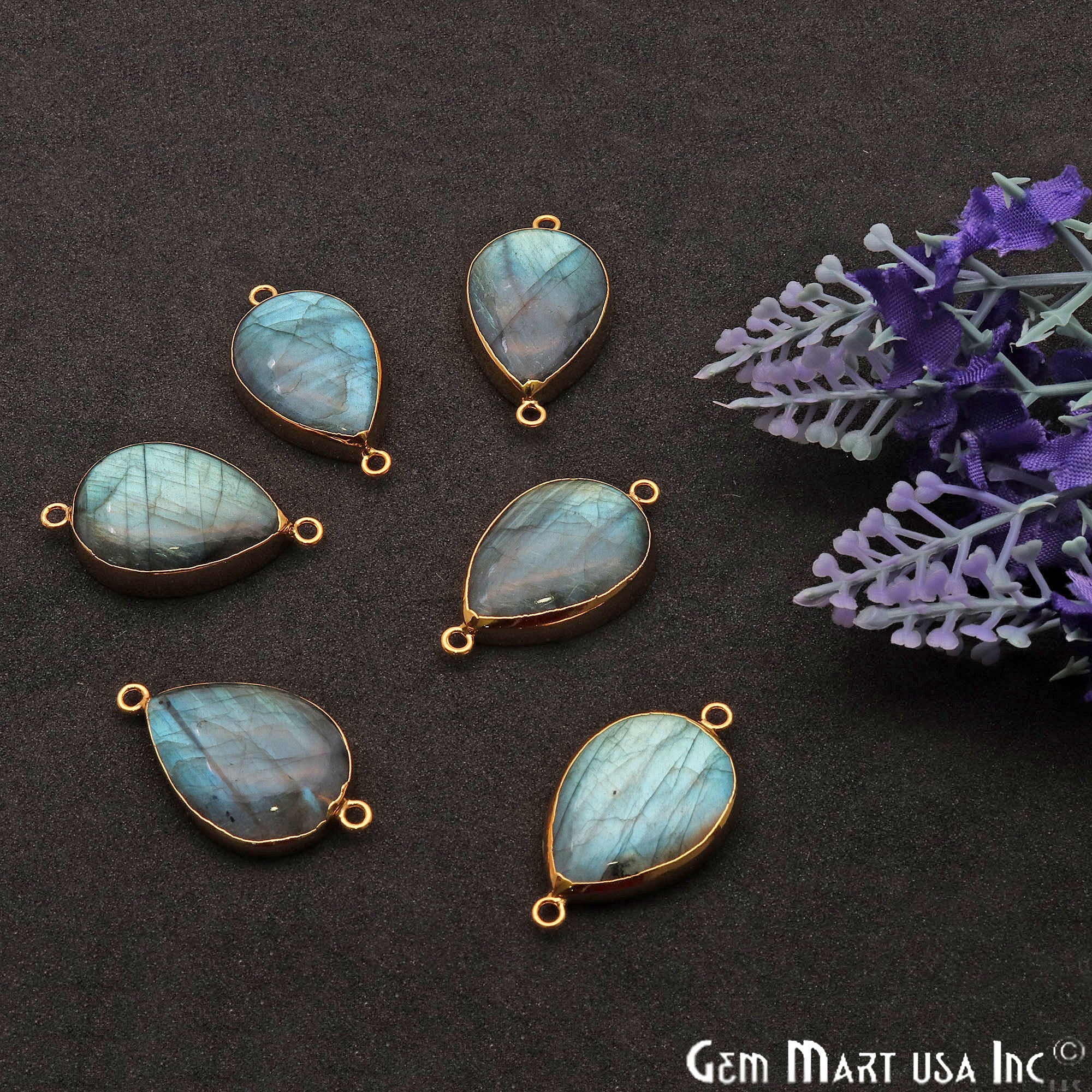 Labradorite Cabochon 32x18mm Pears Gold Electroplated Double Bail Gemstone Connector - GemMartUSA