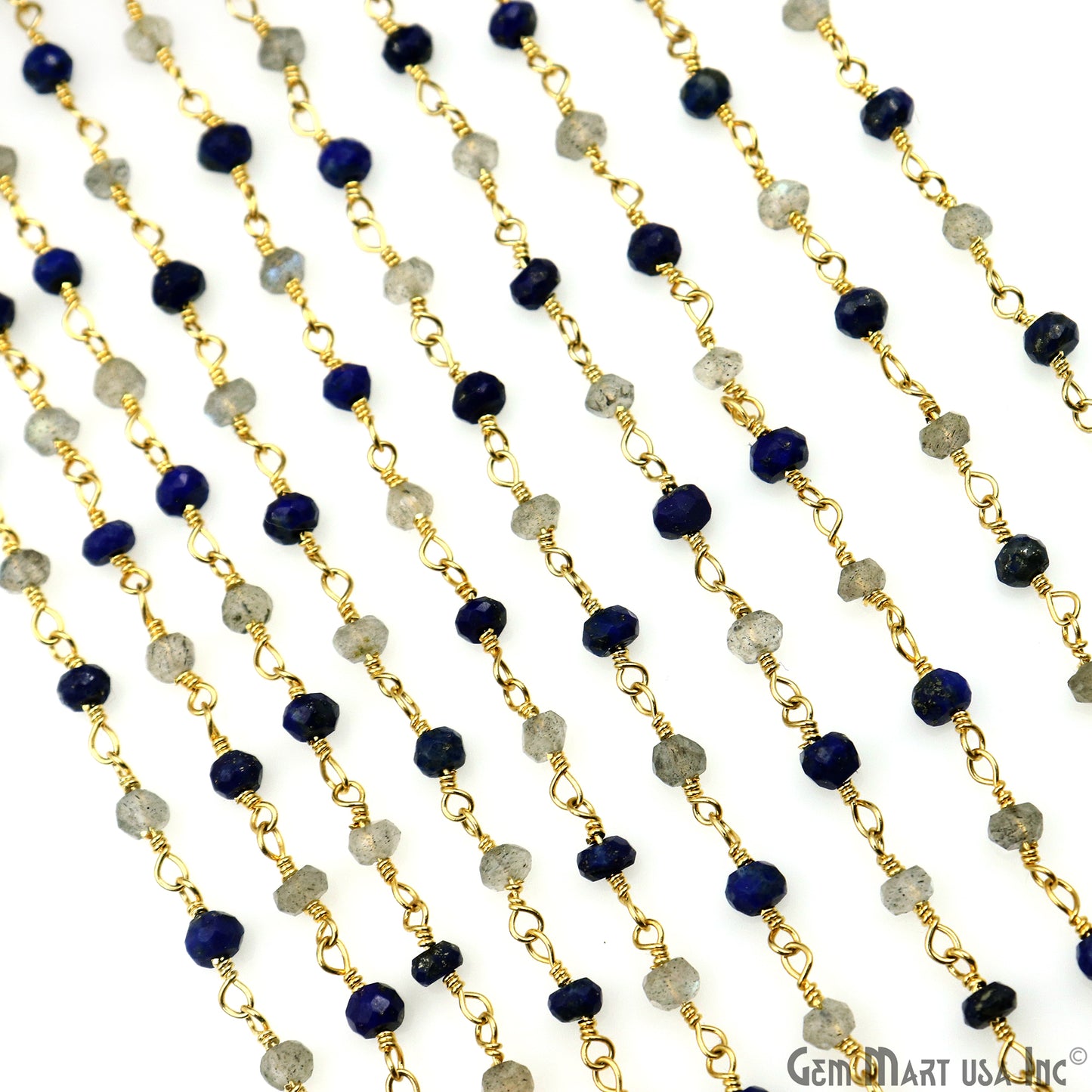 Lapis & Labradorite 3-3.5mm Gold Plated Faceted Beads Wire Wrapped Rosary Chain