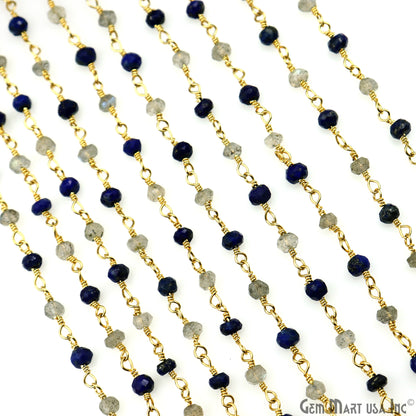 Lapis & Labradorite 3-3.5mm Gold Plated Faceted Beads Wire Wrapped Rosary Chain