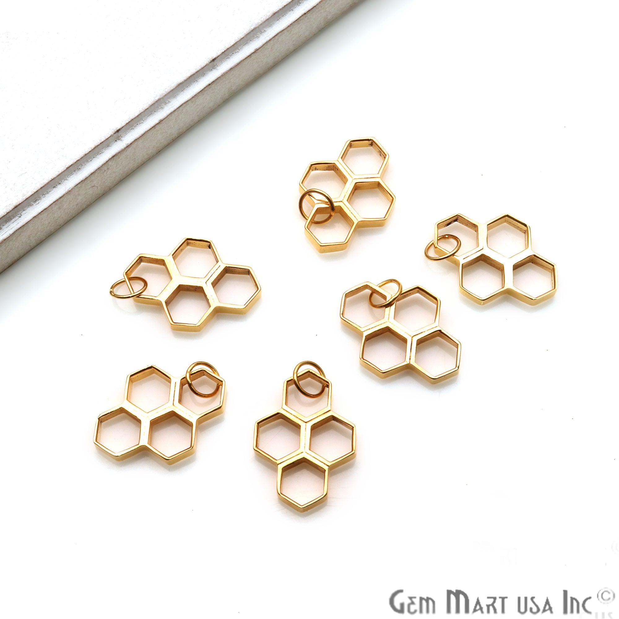 Hexagon Shaped 24x17mm Gold Plated Finding Charm, Four hexagon attached, Gold Jewelry Charm, Single Bail connector - GemMartUSA