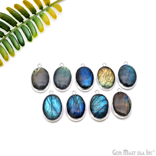 Flashy Labradorite 29x18mm Cabochon Oval Single Bail Silver Electroplated Gemstone Connector