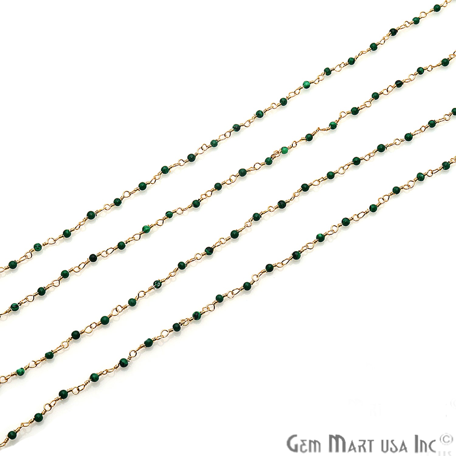 Malachite Gemstone 2mm Gold Wire Wrapped Vintage Beaded Rosary Chain - GemMartUSA