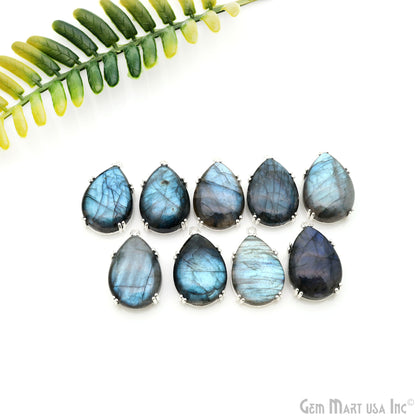 Flashy Labradorite Cabochon 28x17mm Pears Prong Silver Setting Single Bail Gemstone Connector