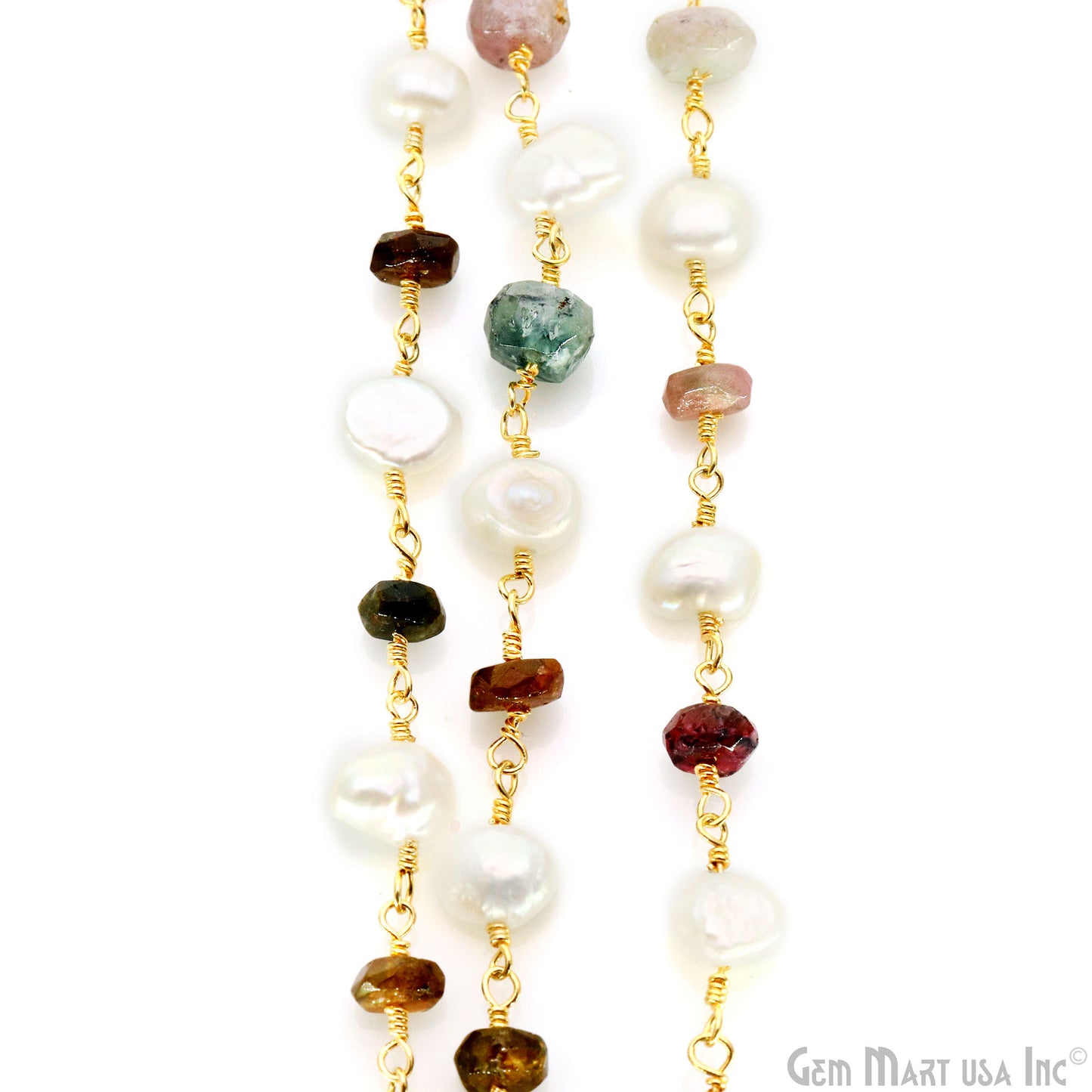 Multi Tourmaline & Pearl Gold Plated Wire Wrapped Rosary Chain