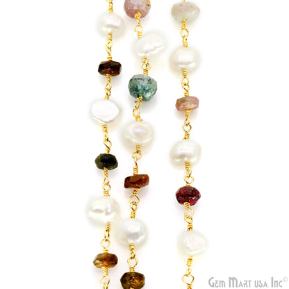 Multi Tourmaline & Pearl Gold Plated Wire Wrapped Rosary Chain