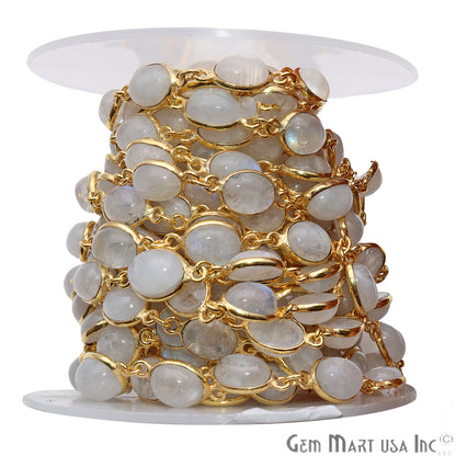 Rainbow Moonstone Cabochon 7x9mm Oval Gold Continuous Connector Chain - GemMartUSA