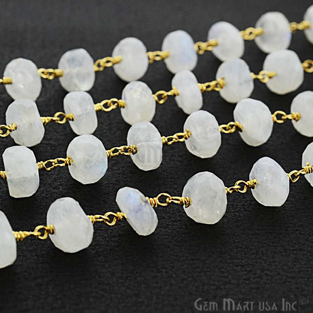 Rainbow moonstone 7-8mm Beads Chain, Gold Plated Wire Wrapped Rosary Chain - GemMartUSA (763792916527)