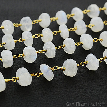 Rainbow moonstone 7-8mm Beads Chain, Gold Plated Wire Wrapped Rosary Chain - GemMartUSA (763792916527)