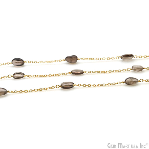 Smoky Topaz Tumble Beads 10x6mm Gold Wire Wrapped Rosary Chain