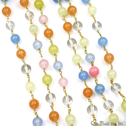 Multi Stone Cabochon Beads 8mm Gold Plated Gemstone Rosary Chain
