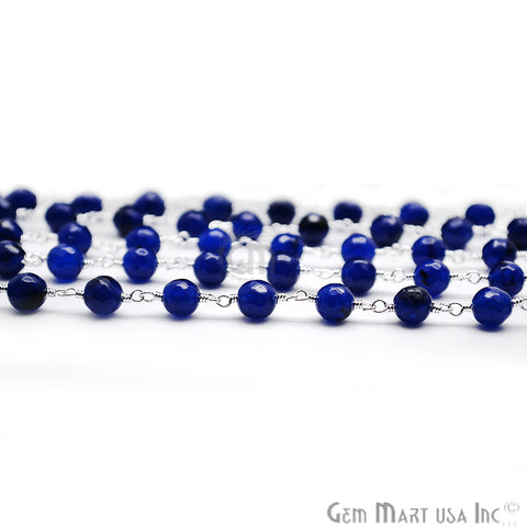 Dark Blue Jade Faceted Rondelle Beads Silver Plated Wire Wrapped Rosary Chain (763832041519)