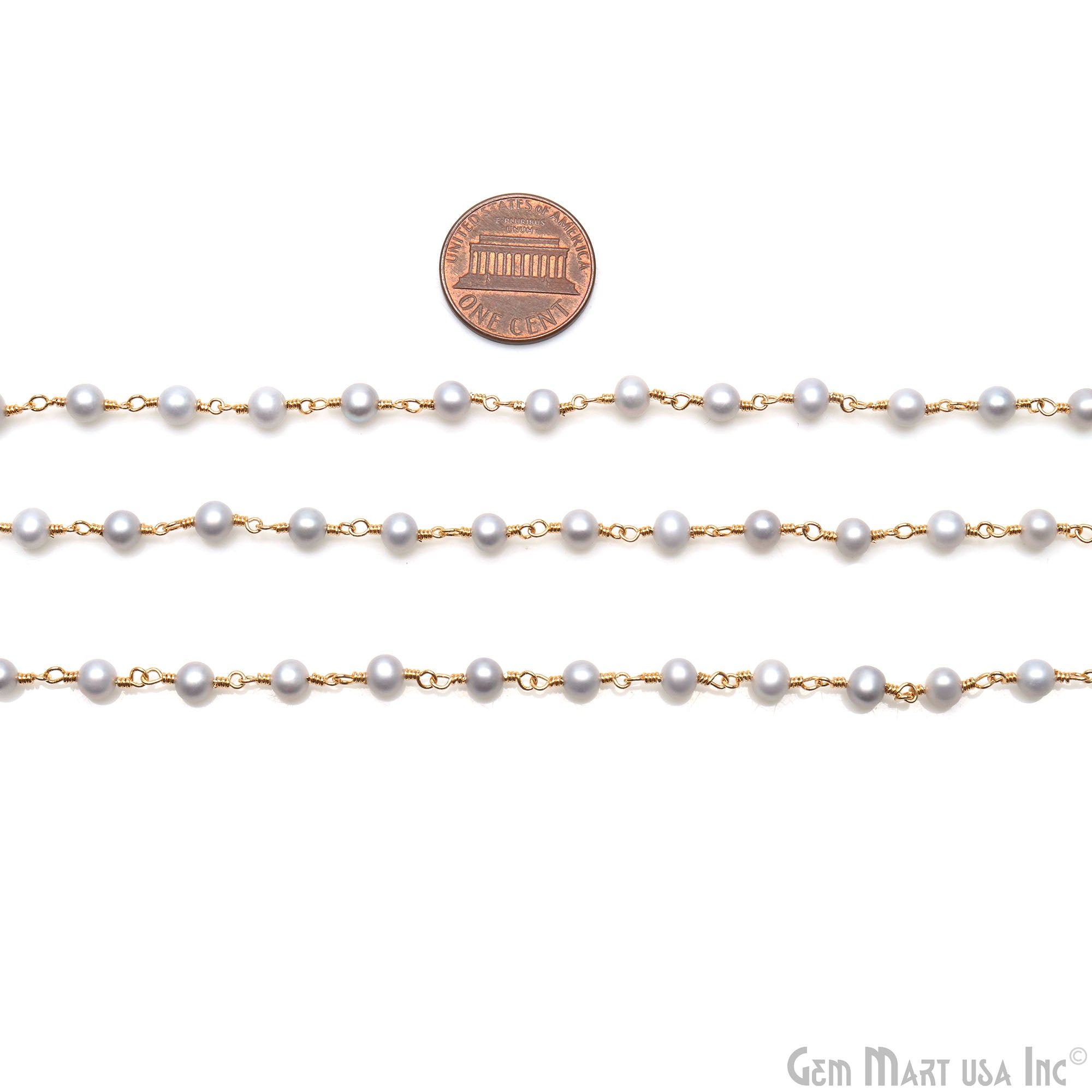 Grey Pearl Round 5-6mm Gold Wire Wrapped Beads Rosary Chain