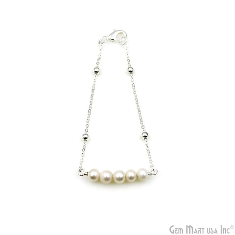 Pearl Round Gemstone Silver Plated Chain With Lobster Clasp Bracelet 7Inch