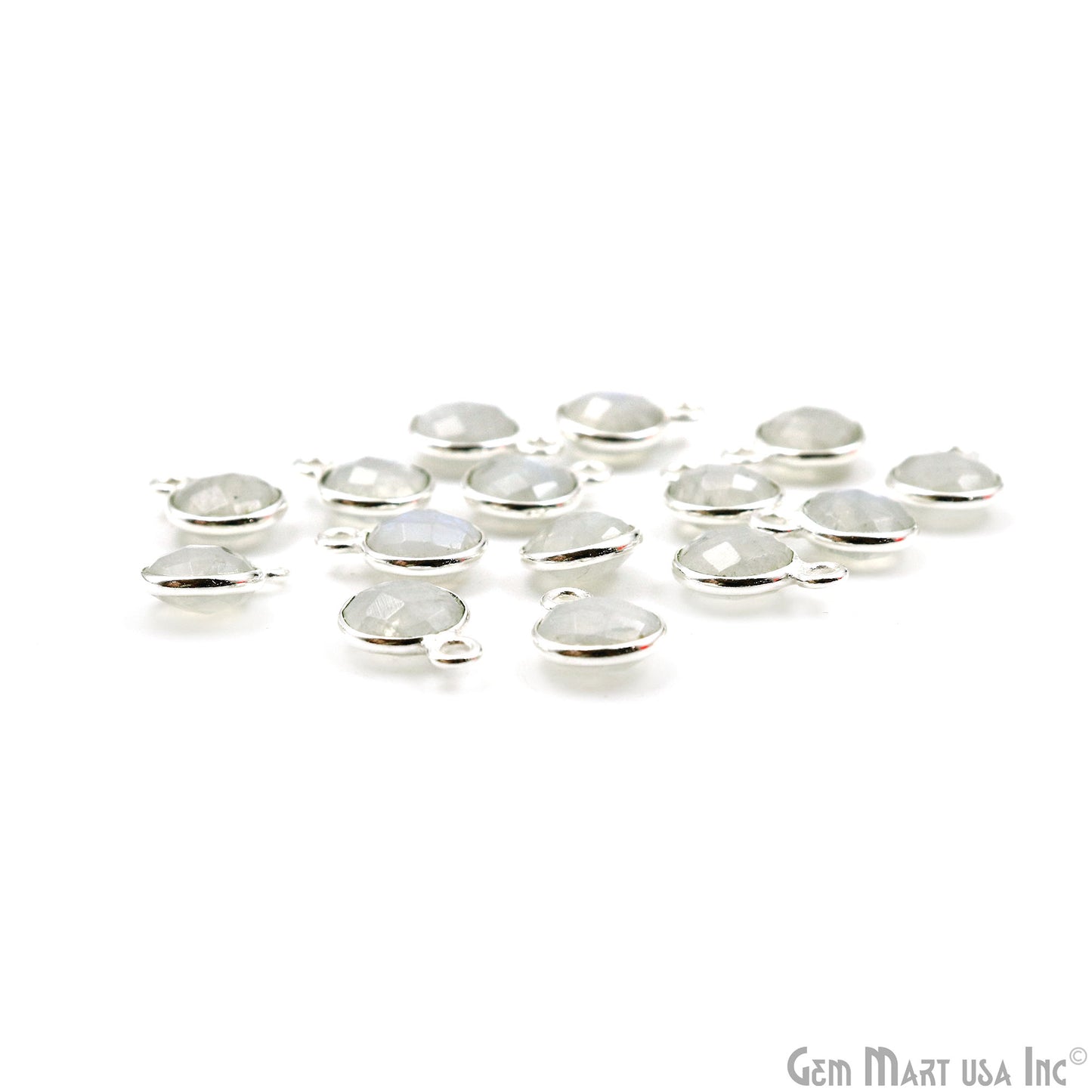 Rainbow Moonstone 7mm Round Single Bail Silver Plated Gemstone Connector