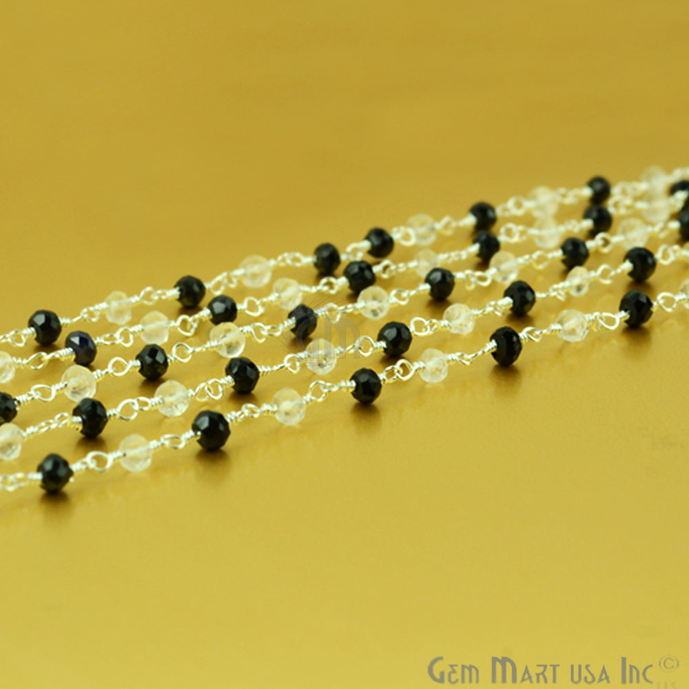 Black Spinel With Crystal Silver Plated Beads Rosary Chain