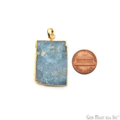 Aquamarine Free Form shape 40x25mm Gold Electroplated Gemstone Single Bail Pendant