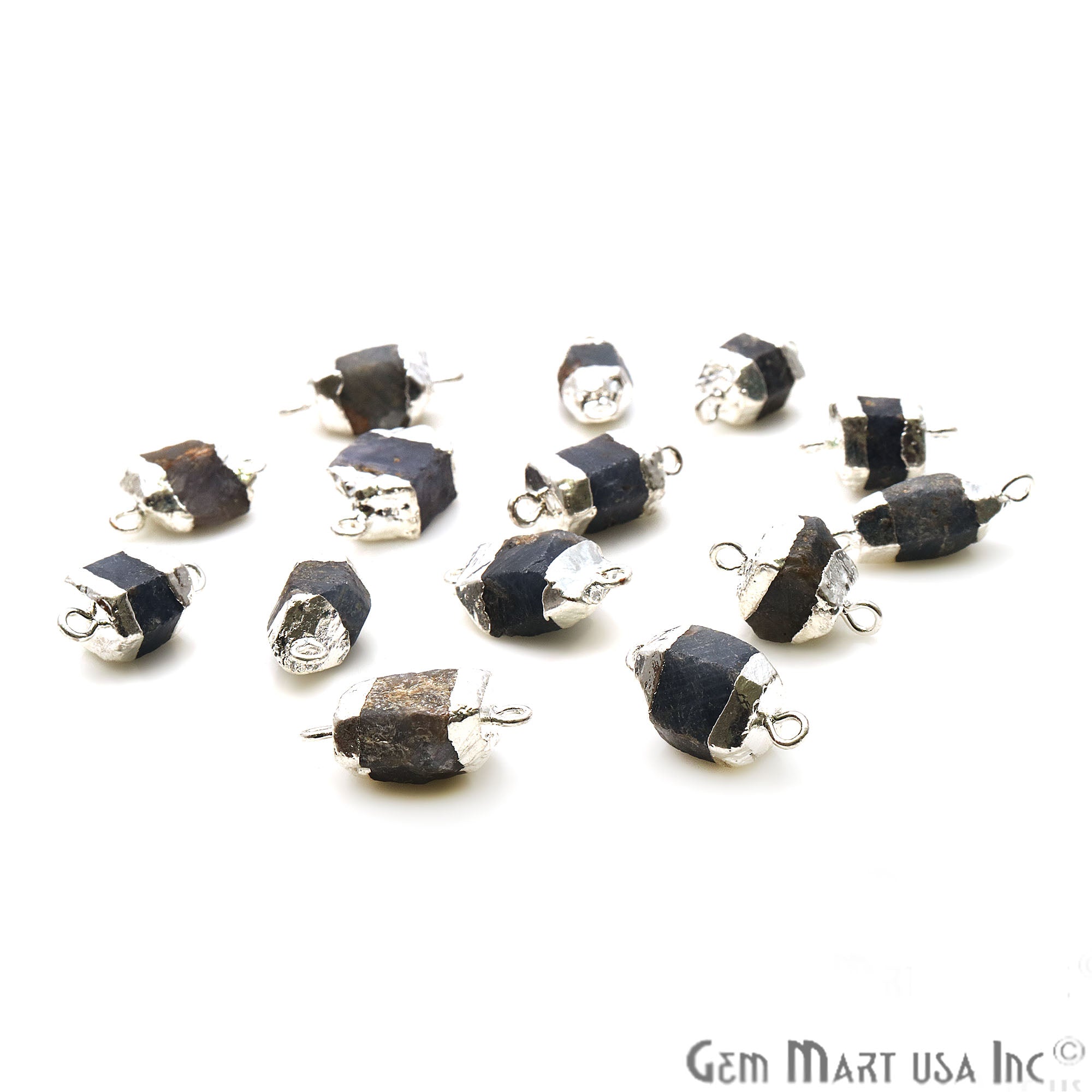Rough Sapphire Gemstone 19x9mm Silver Edged Double Bail Bracelets Charm Connectors - GemMartUSA