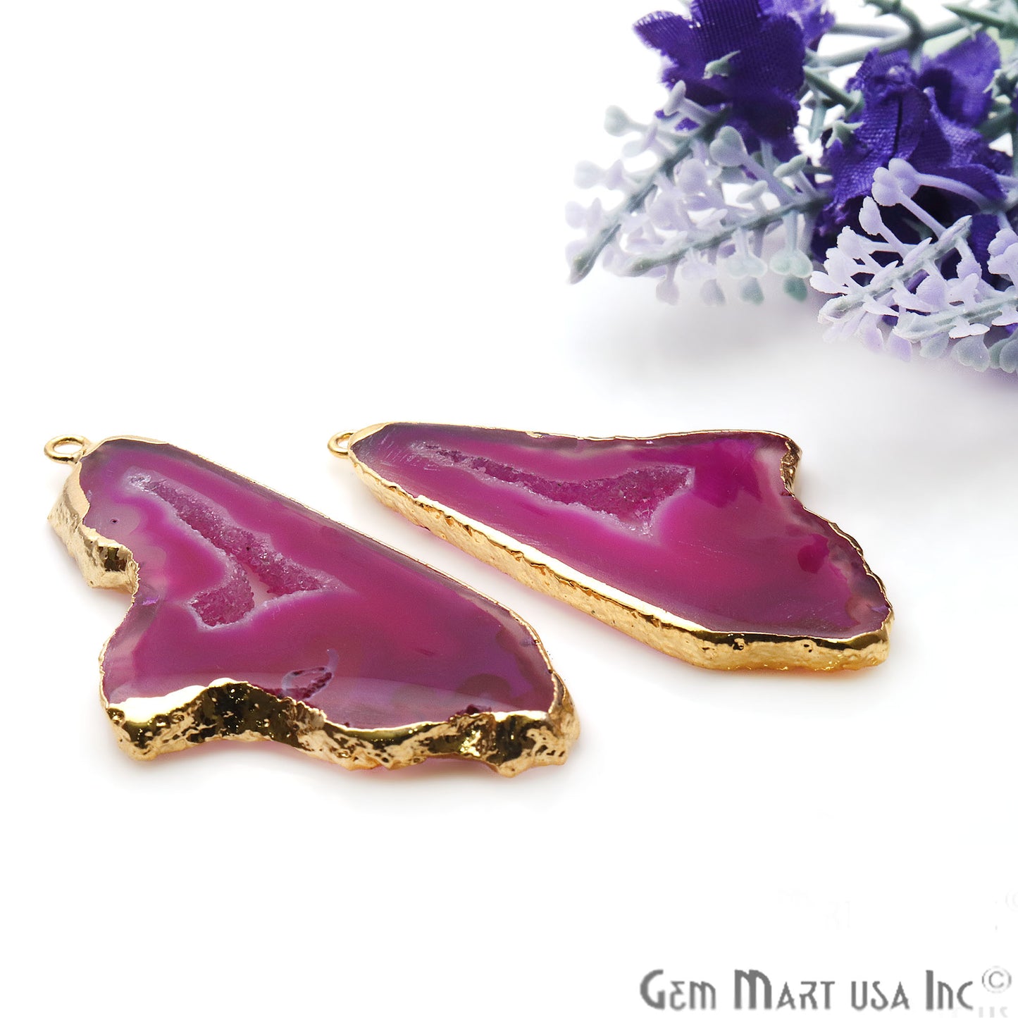 Agate Slice 26x51mm Organic Gold Electroplated Gemstone Earring Connector 1 Pair - GemMartUSA