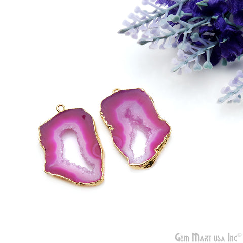 Agate Slice 35x21mm Organic  Gold Electroplated Gemstone Earring Connector 1 Pair