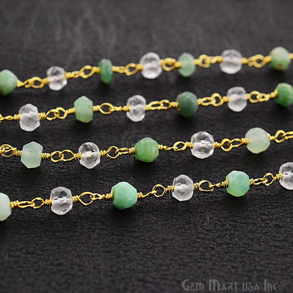 Chrysoprase With Crystal 3-3.5mm Gold Plated Wire Wrapped Beads Rosary Chain (762958151727)