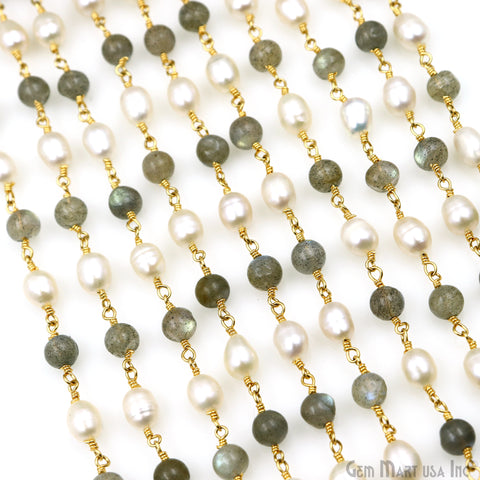 Labradorite Cabochon With Pearl Oval Gold Wire Wrapped Rosary Chain