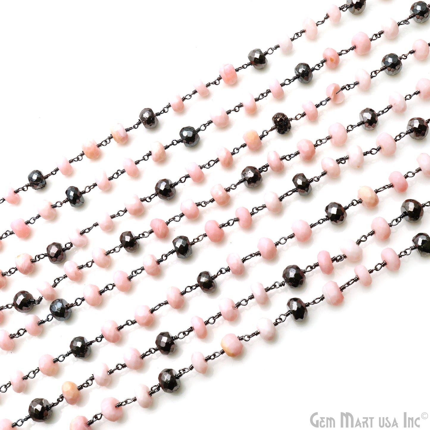 Pink Opal & Black Pyrite Rondelle Bead Oxidized Wire Wrapped Rosary Chain