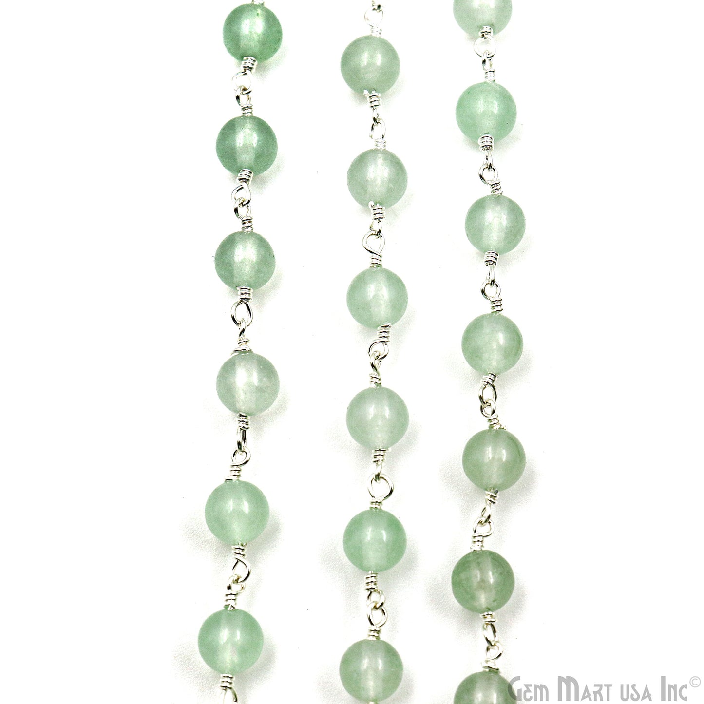 Aqua Jade Cabochon Beads 6mm Silver Plated Gemstone Rosary Chain