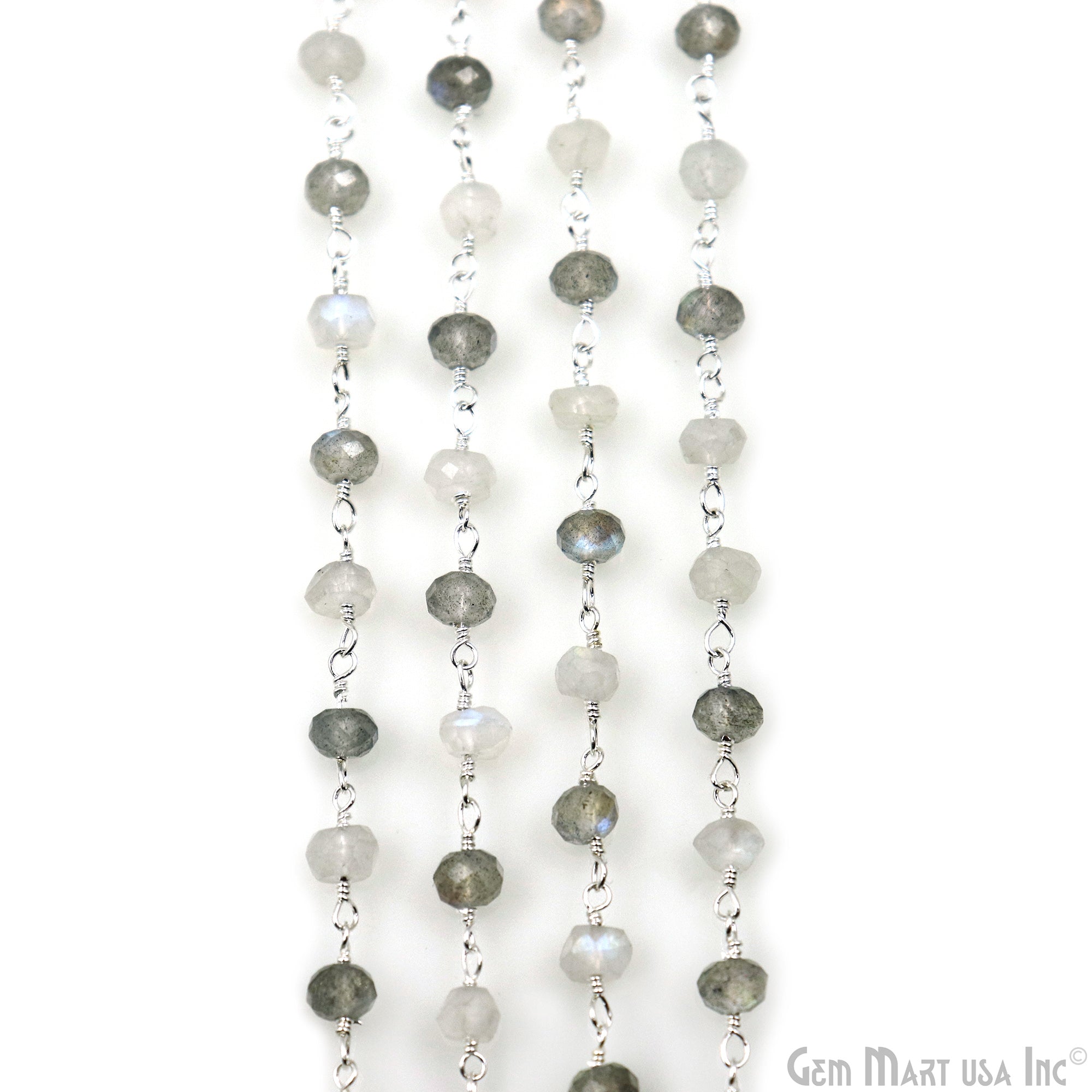 Labradorite & Rainbow Moonstone 4mm Silver Plated Beaded Wire Wrapped Rosary Chain