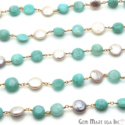 Amazonite & Pearl Round Rough Beads Gold Plated Rosary Chain - GemMartUSA