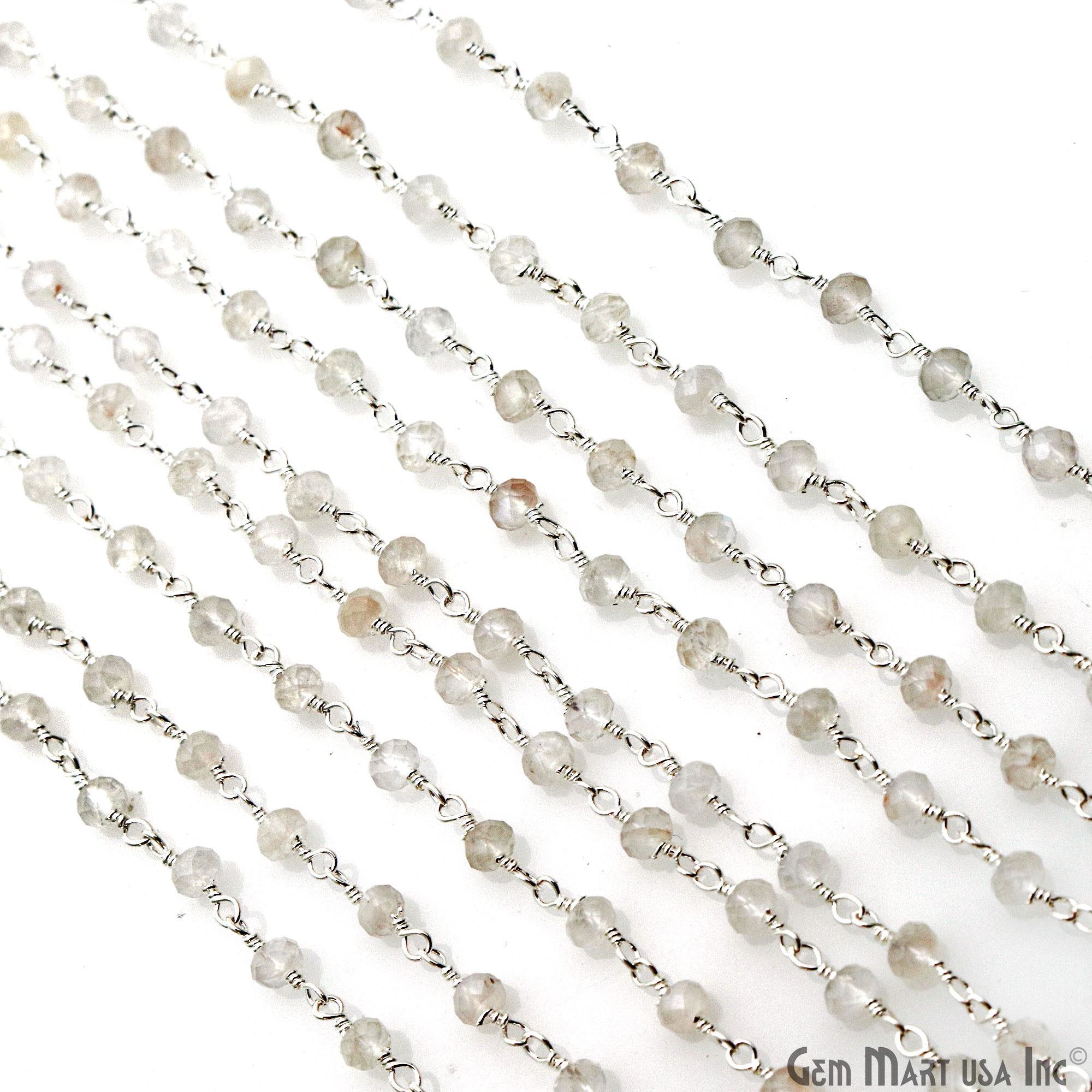 White Chalcedony 2.5-3mm Tiny Beads Silver Plated Wire Wrapped Rosary Chain