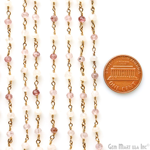 Strawberry Quartz & Rainbow Faceted Beads Gold Plated Wire Wrapped Rosary Chain