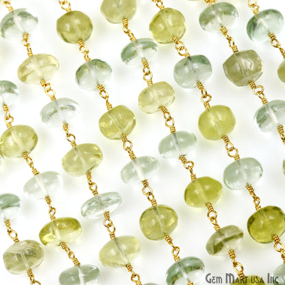 Green Amethyst & Lemon Topaz Cabochon Beads 9-10mm Gold Wire Wrapped Rosary Chain