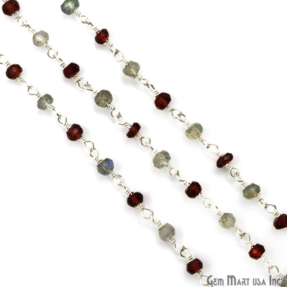 Garnet & Labradorite Faceted Beads 3-3.5mm Silver Plated Gemstone Rosary Chain