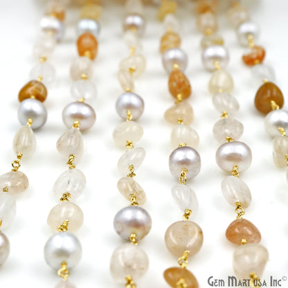 Sunstone Tumble & Gray Pearl Gold Plated Wire Wrapped Rosary Chain