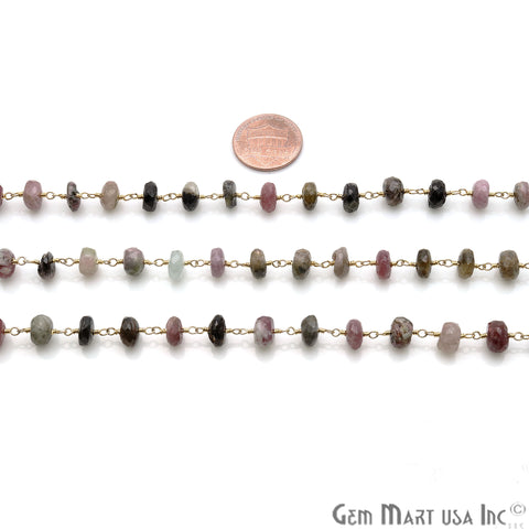 Multi Tourmaline 7-8mm Gold Plated Wire Wrapped Rondelle Rosary Chain - GemMartUSA