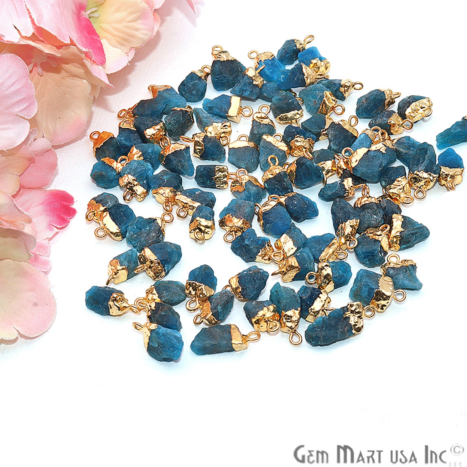 Rough Neon Apatite Gemstone 17x10mm Organic Gold Edged Single Bail Connector Charm - GemMartUSA