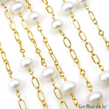 Pearl Round Beads With Gold Plated Oval Finding Rosary Chain