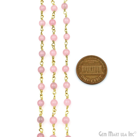 Pink Jade Cabochon 4mm Gold Wire Wrapped Rosary Chain