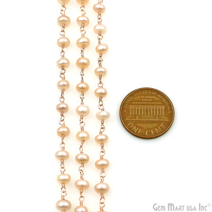 Pink Pearl Cabochon Beads 5-6mm Rose Gold Plated Gemstone Rosary Chain