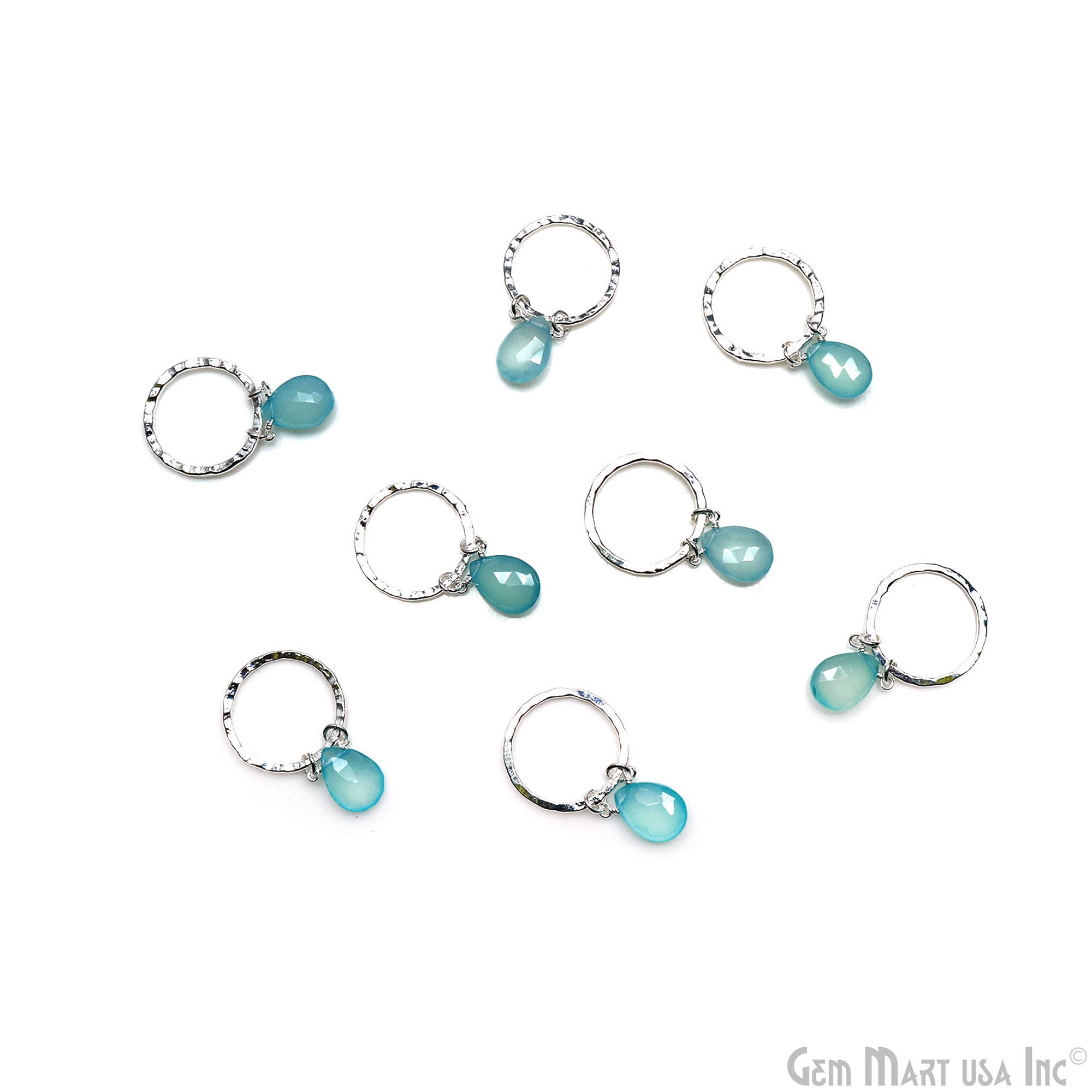 Aqua Chalcedony Pears 20mm Hoop Silver Wire Wrapped Gemstone Connector 1pc