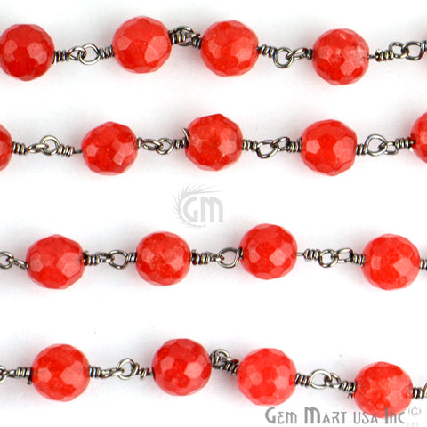 Red Jade Bead Oxidized Wire Wrapped Rosary Chain