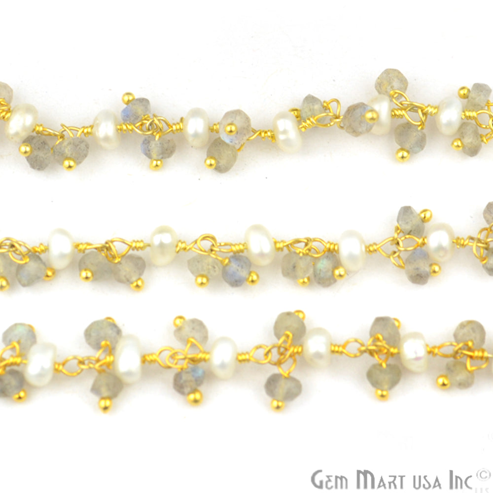 Labradorite With Pearl Faceted Beads Gold Plated Cluster Dangle Rosary Chain - GemMartUSA (764171550767)
