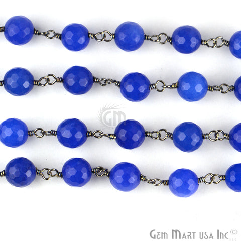 Blue Jade Faceted Beads 8mm Oxidized Wire Wrapped Rosary Chain