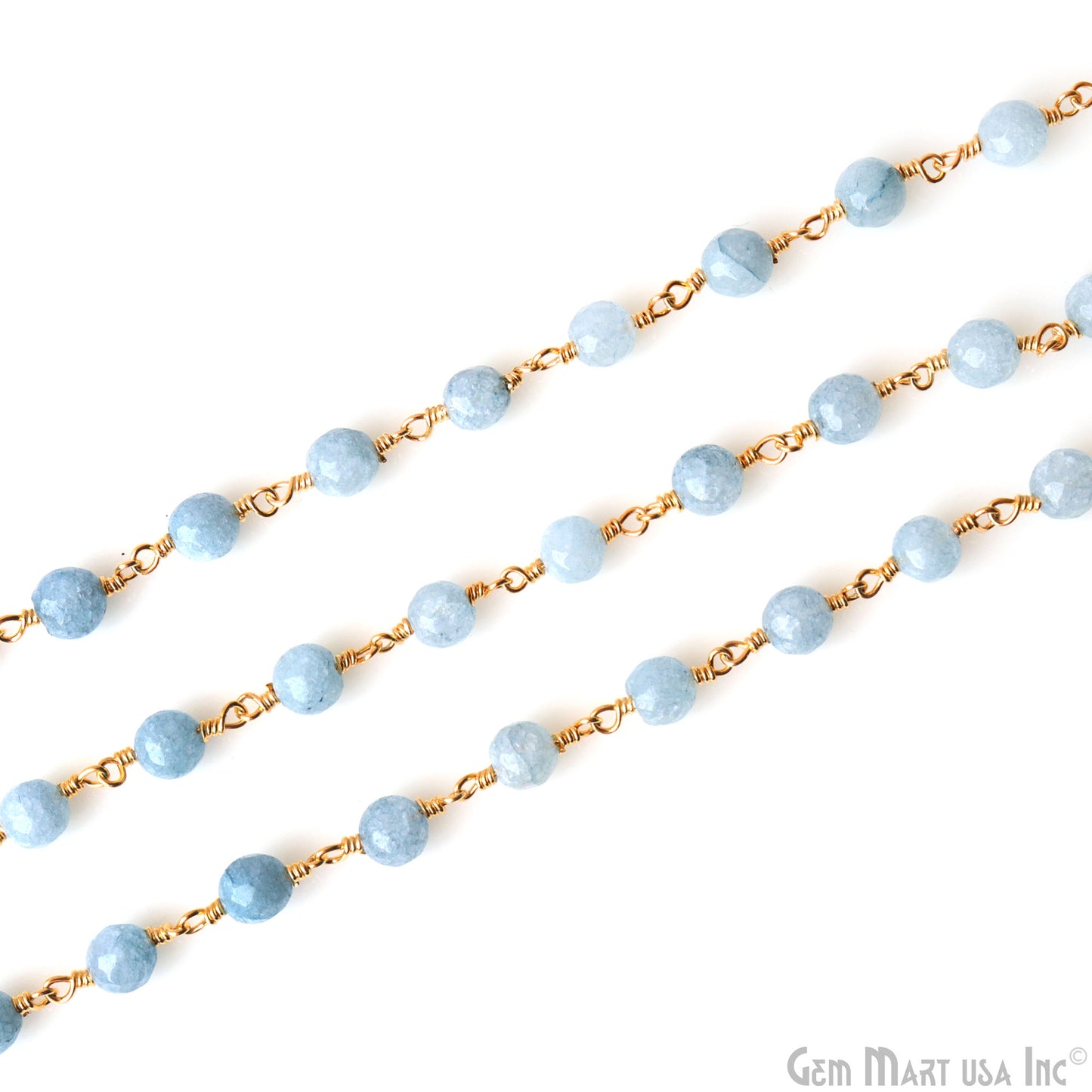 Turquoise Blue Jade 6mm Beads Gold Wire Wrapped Rosary Chain